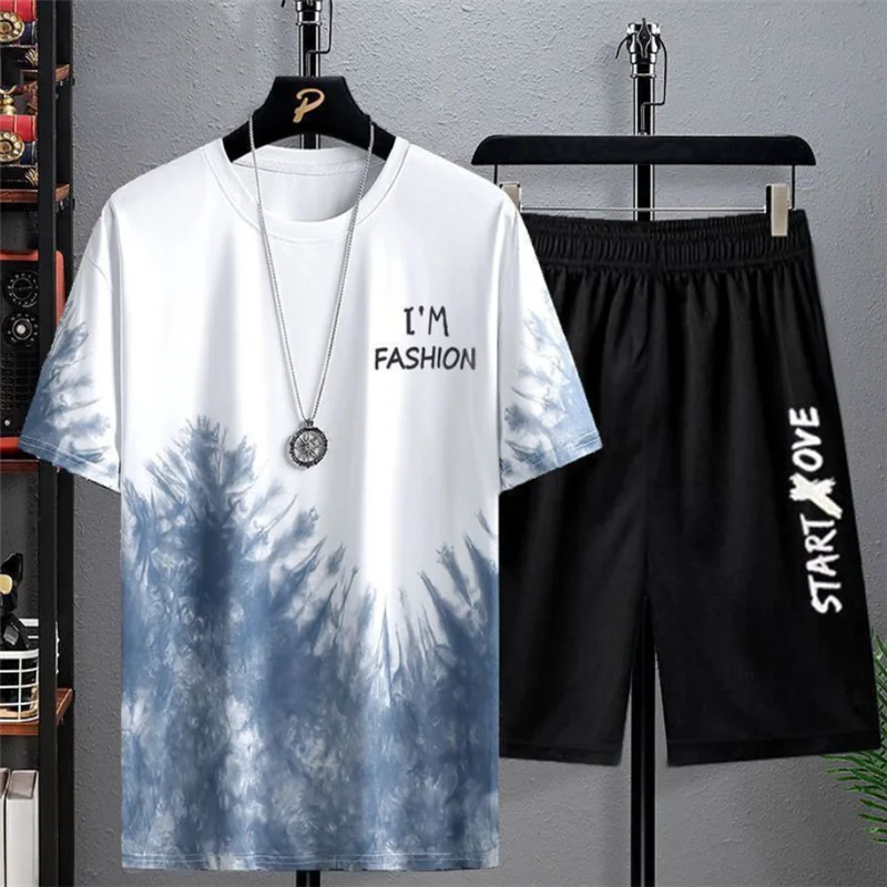 

Summer Ice Silk Men's Short Sleeve T-Shirt Thin Quick Dry Casual Sportswear Set Trendy Clothes Lightweight Polyester Fabric