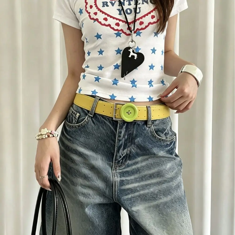 New PU Y2K Waist Belt Large Button Decor Adjustable Button Belt Metal Buckle Decorative Belt Women Streetwear Fashion