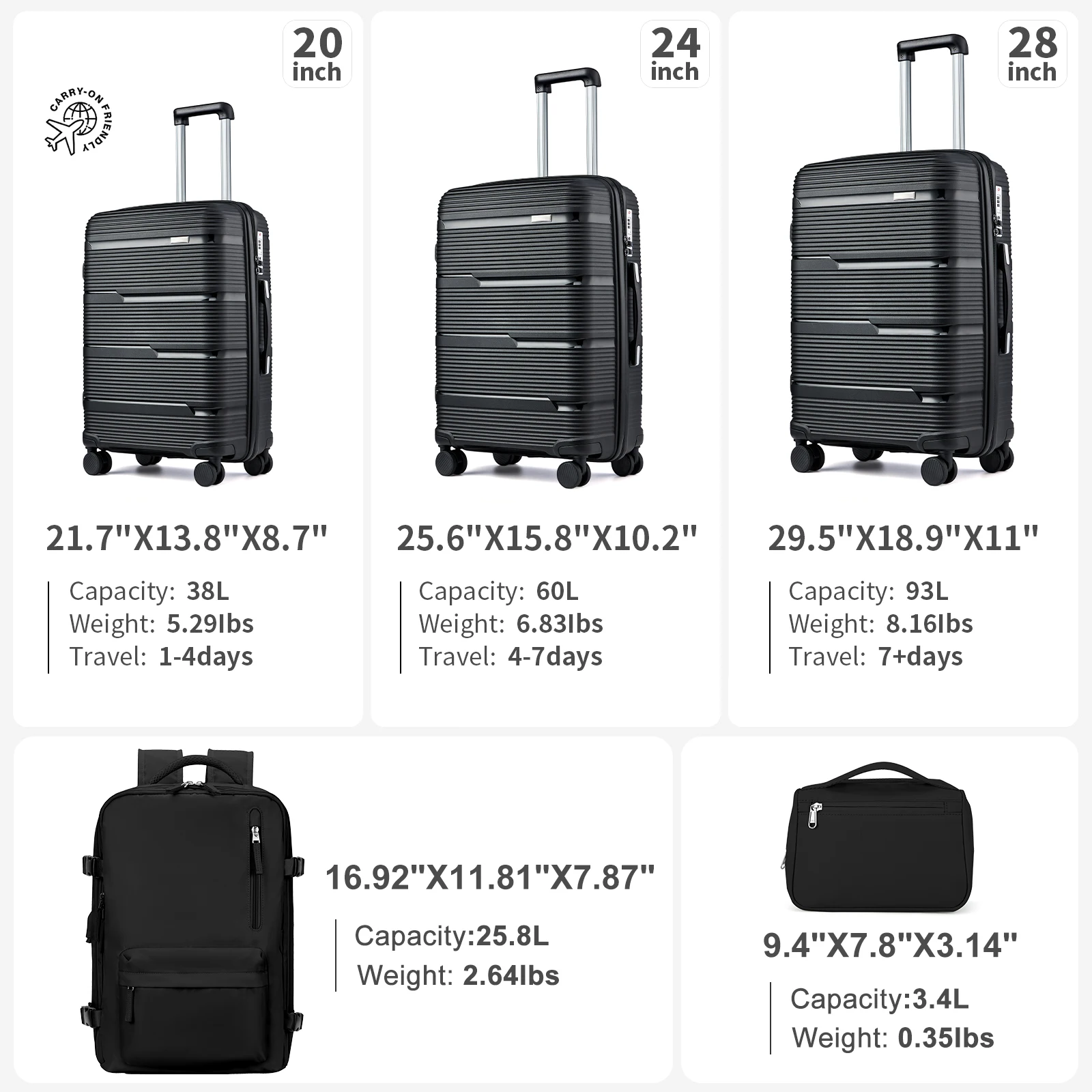 5pcs Suitcase Set Lightweight Case Set, Durable Trolley, Hand Luggage Suitcase with Wheels, TSA-Lock Boarding Travel Suitcase