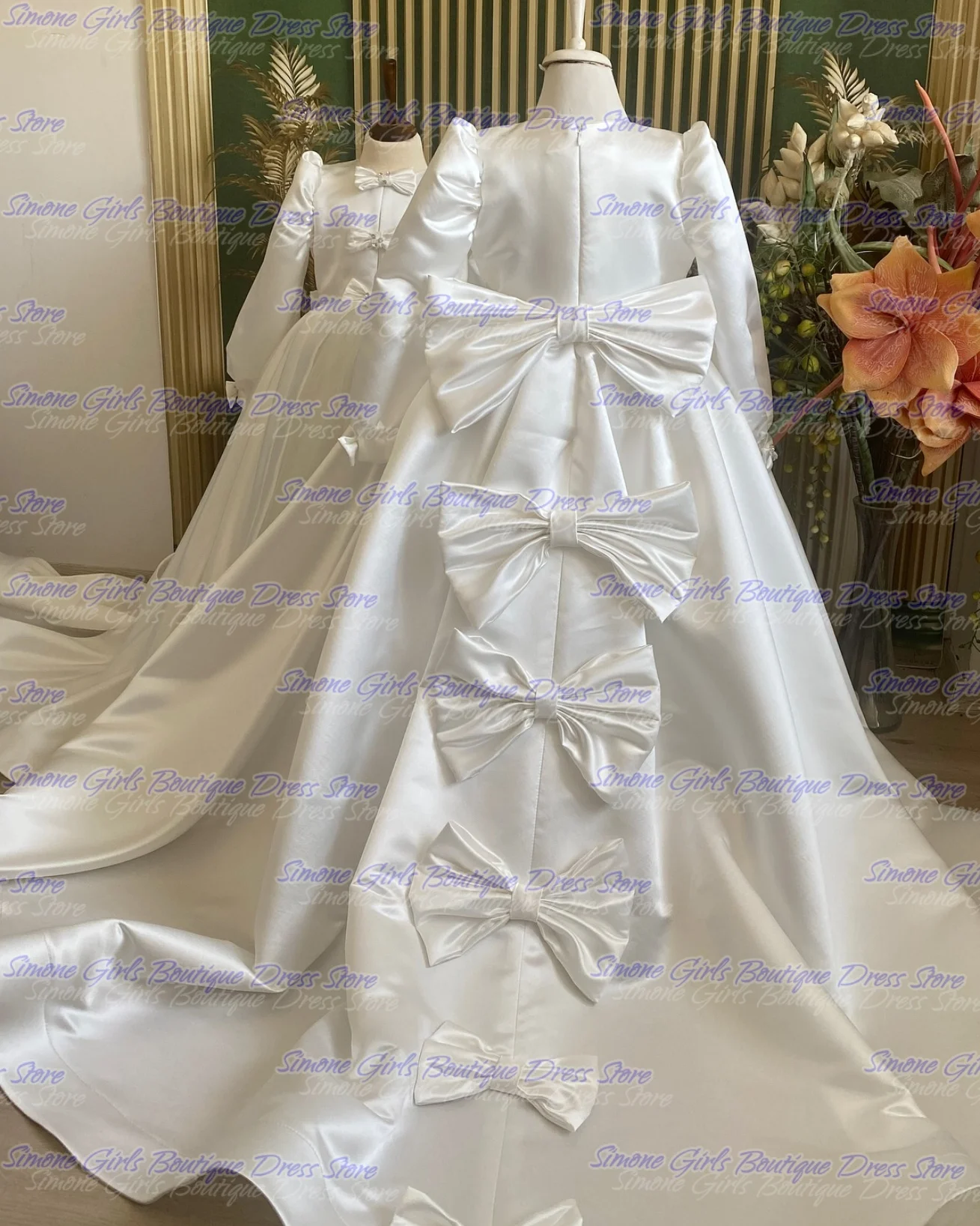 Bow Tie Evening Dress Long Sleeves Flower Girl Dress for Holiday Celebrations Wedding Ceremonies Parties Birthday