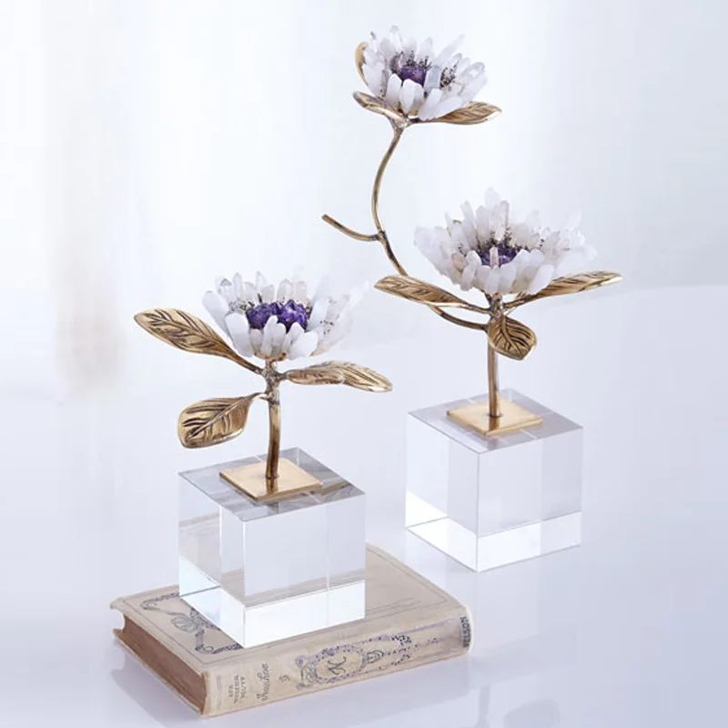 Brass Amber Branch Ornament Amethyst Simulation Flower Metal Branches Crystal Base Flowers Home Decoration