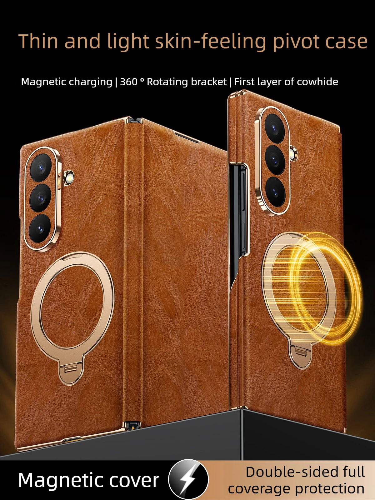 

Full protection magnetic phone case for Samsung Galaxy Z TriFold genuine leather Case central hinge rotating stand flip cover