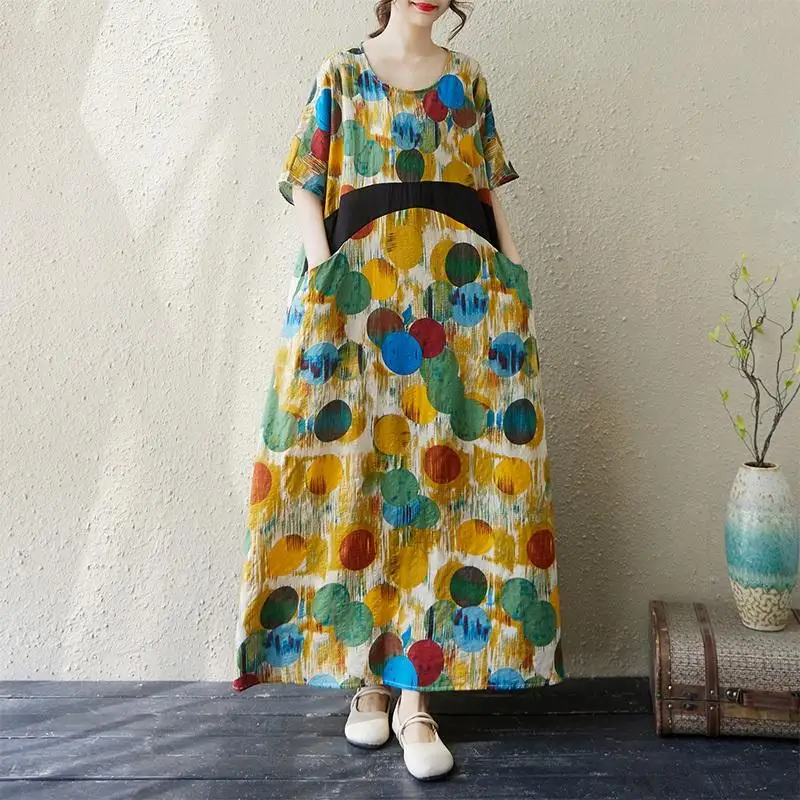 Sukienki midi maxi z krótkim rękawem, plus size, bawełniane, w stylu vintage, w kwiaty i kropki, z kieszeniami, damskie, codzienne, luźne, długie, letnie, szerokie, boho.