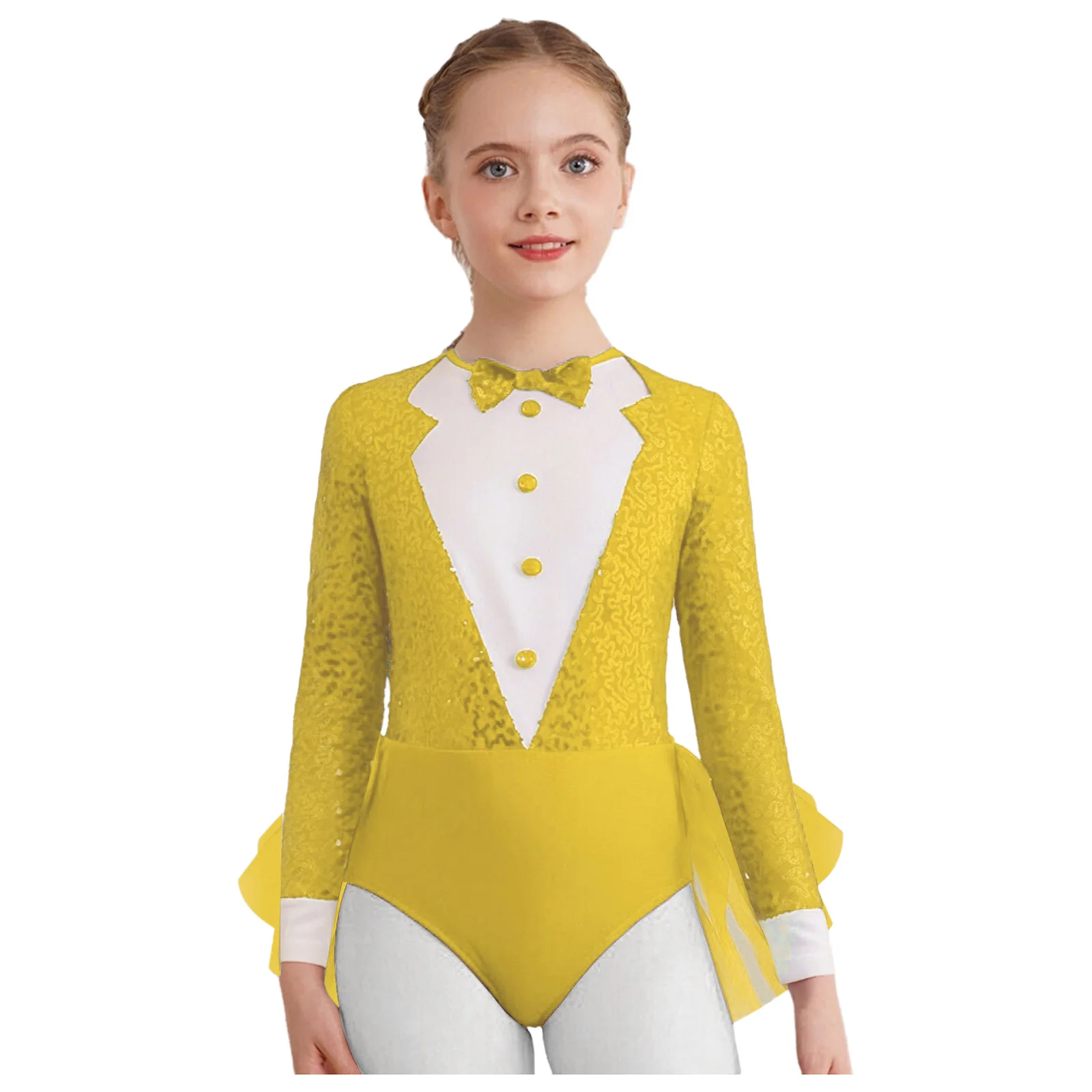 

Kids Girls Sparkly Sequins Latin Jazz Dance Leotard Long Sleeve Color Block Bodice Tulle Skirted Bodysuit Disco Dance Costume