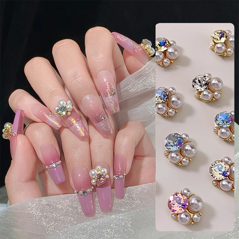 5Pcs Pearl Pile Drilling Alloy Nail Studs Pink Rhinestone Jewelry 3D Nail Art Decorations DIY Butterfly Nail Art Charms Material