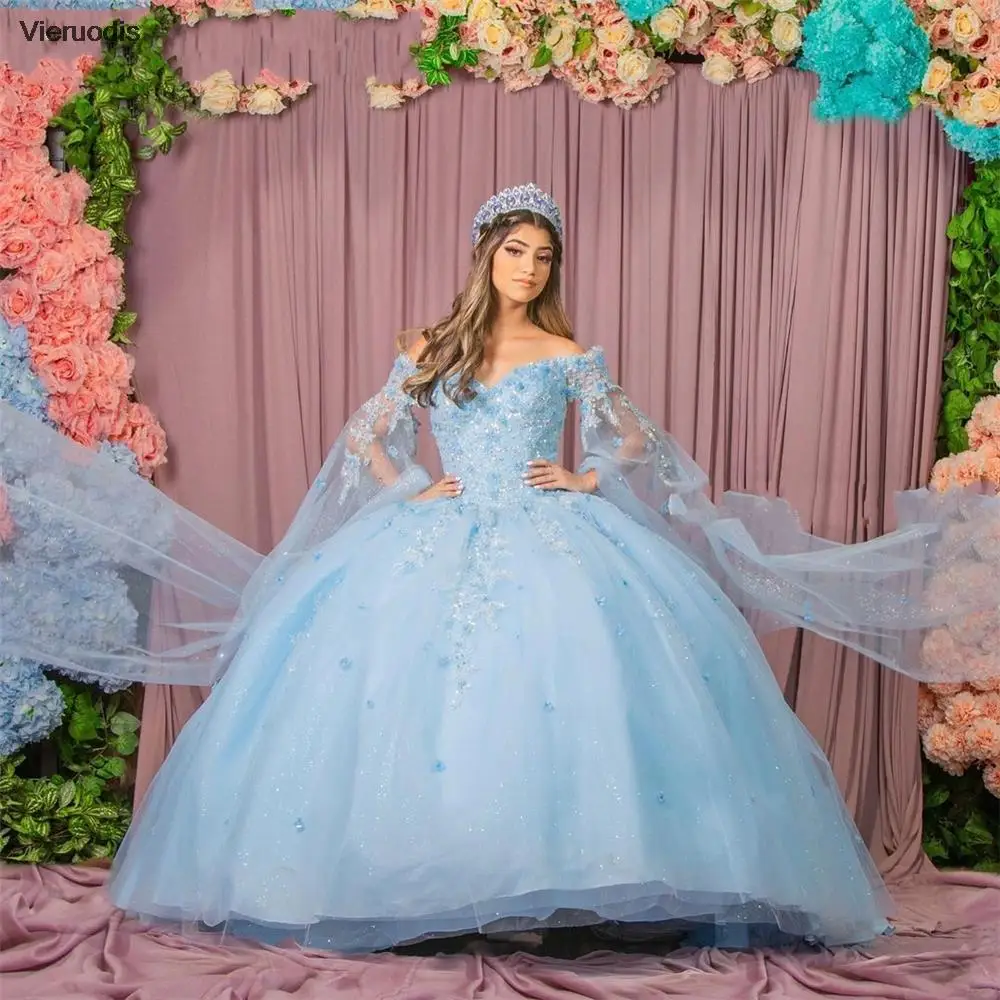 

2022 Блестящее небесно-голубое бальное платье Quinceanera Платья с бисером и открытыми плечами из тюля с блестками Милое платье 15 16 Праздничное платье Торжественное платье
