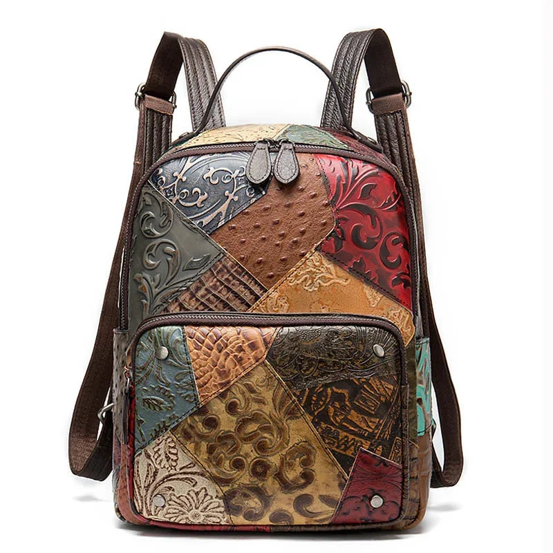 

Colorful Patchwork Backpack For Women Genuine Leather Travel Girls Ladies Daypack National Style travel bag