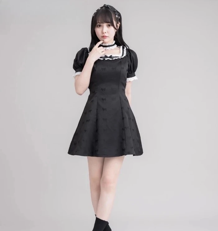 Japanese Style Women's Casual Dresses Cute Girl Lace Color Matching Satin Bow Jacquard Cute Short Sleeve Dress Summer