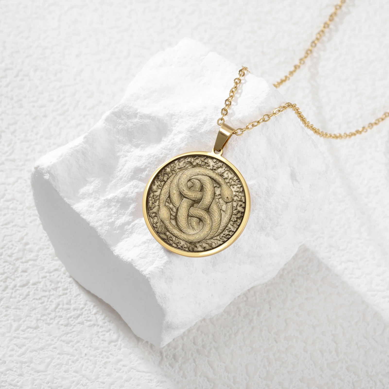 Vintage Intertwined Snake Coin Necklace Supernatural Amulet Chain For Woman Men Pendant Copper Antique Bronze Punk Angel Jewelry view 5