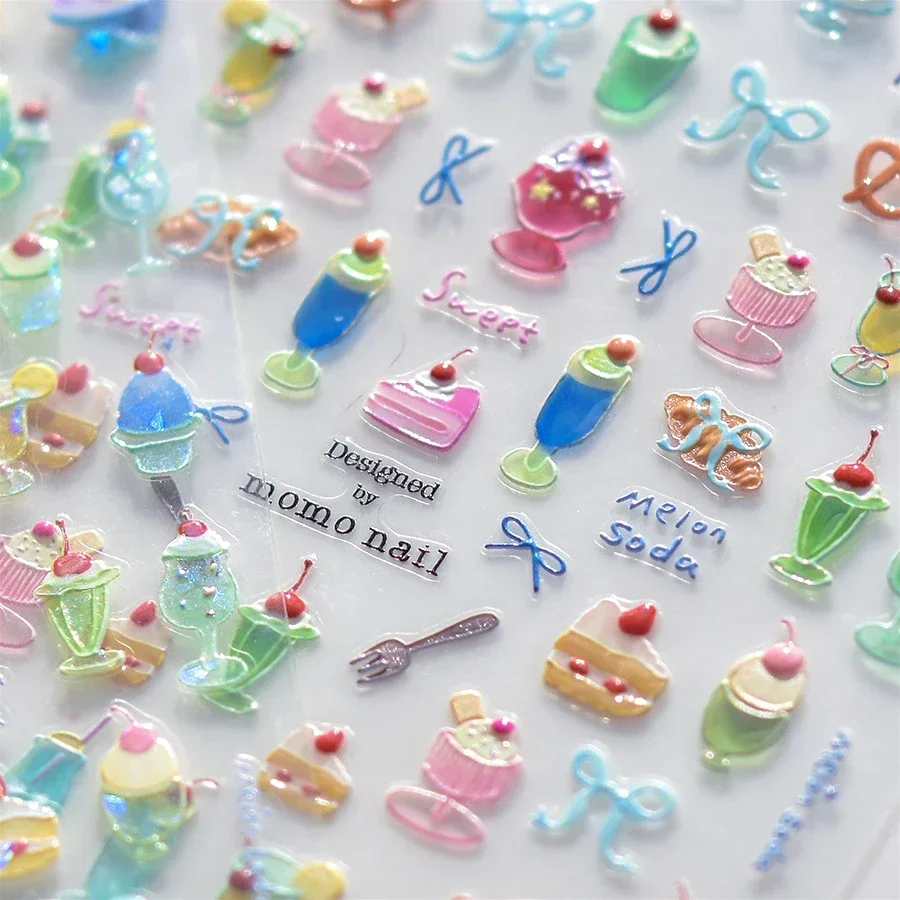 Chic Colored Food Pudding Cartoon Cake Bowknot Cream Fork Cup Dim Sum Bread Jelly Fruit Relief Nail Art Sticker Manicure Decals