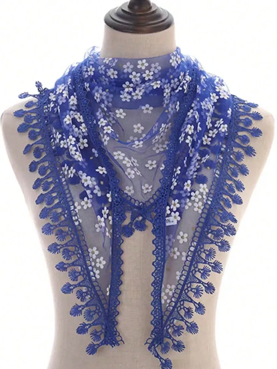 

Women Floral Lace Shawl With Hollow Flower Pattern Breathable Fringed Triangle Scarf For Summer Outdoor Daily Use