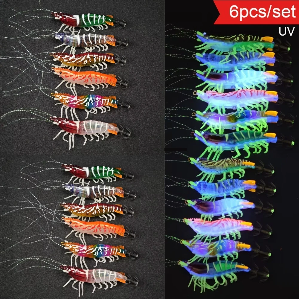 

6pcs Horizontal Squid Jig Saltwater 8cm 6cm Simulation Shrimp Prawn Fishing Lure UV Artificial Shrimp Bait Sea Cuttlefish Tackle
