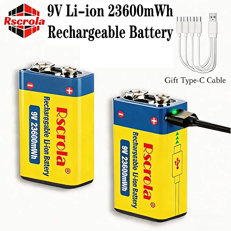Long-Lasting USB-C Rechargeable 9V Li-ion Battery 23600mWh for Smoke Detector Walkie Talkie Multimeter Home Office with Cable