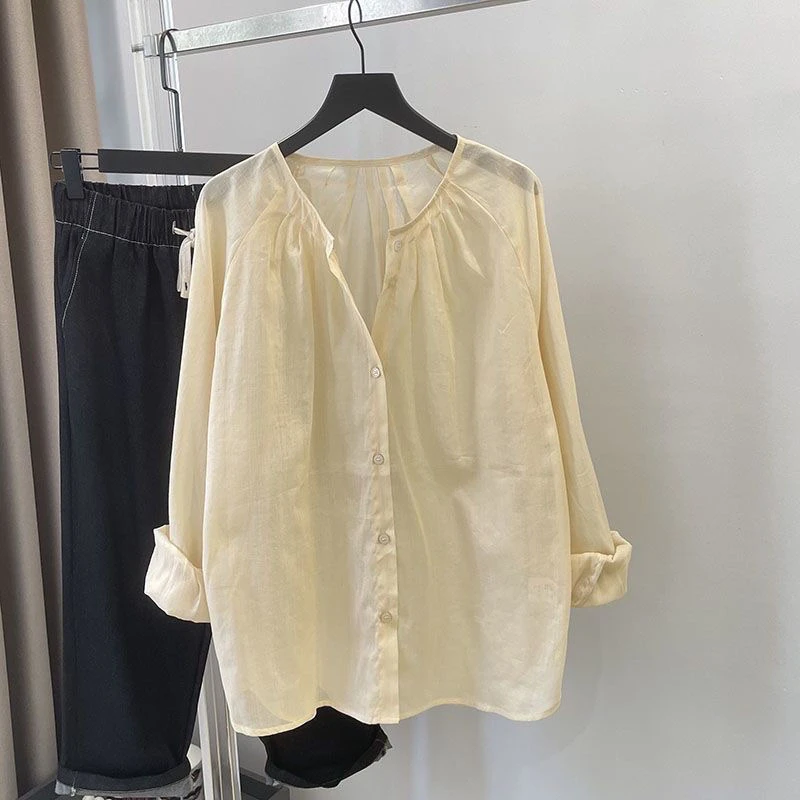 

Женская хлопково-льняная длинная рубашка-блузка с круглым вырезом, легкая, летняя, новая, премиум-качество, с защитой от солнца