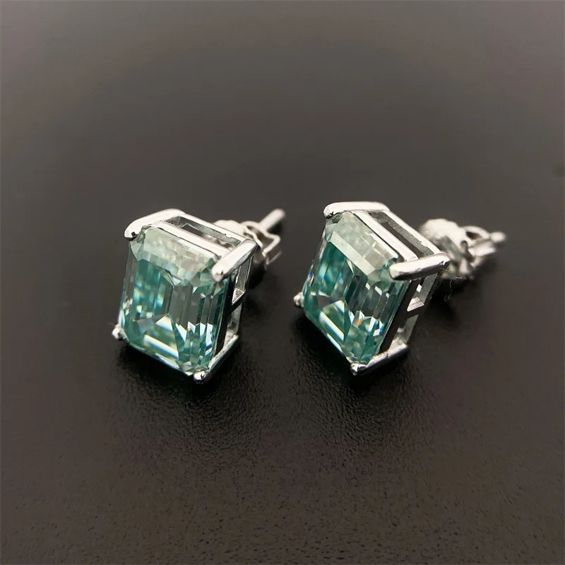 Blue Green Emerald Cut Moissanite Screwback Earrings Women 925 Sterling Silver Moissanite Diamond Ear Studs Platinum Plated Gift