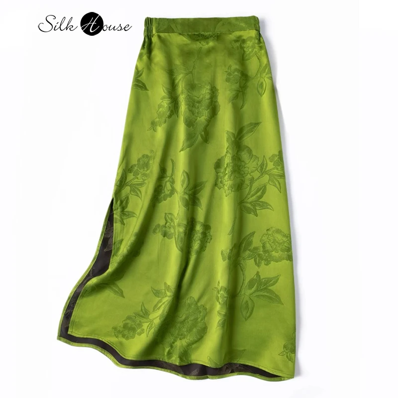 Elegant Chinese Style 100% Natural Mulberry Silk Gambiered Guangdong Gauze Green Jacquard Women's Fashionable Straight Skirt