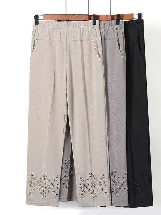 Summer New Hollow out Casual Pants High Waist Straight Leg Women's Mid-Aged And Elderly Elastic Waist plus Size Eighteen Pants