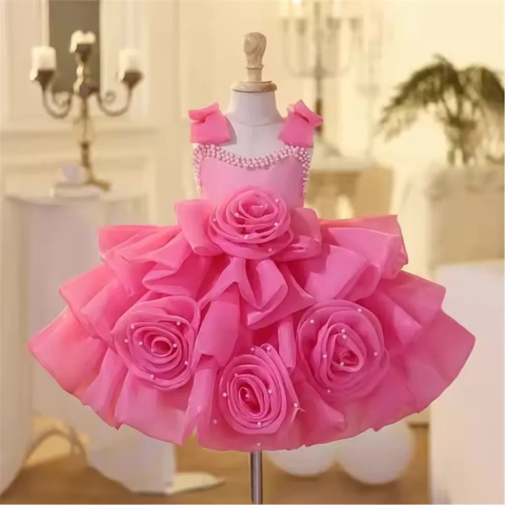 

Cute Flower Girl Wedding Dress Beaded Pearls Sleeveless Ball Gown Princess Birthday Party Dress Kids Performance Banquet Gown