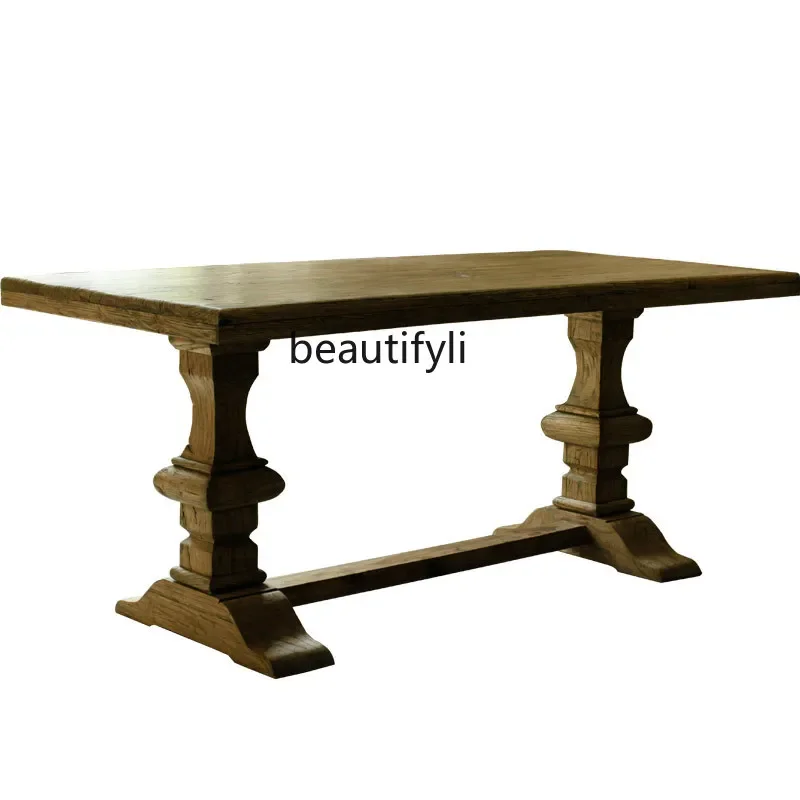 

S Customized Solid Wood Old Elm Wood Dining Table Log 6 People American Country Home Retro Rectangular Multi-Functional Furnitur