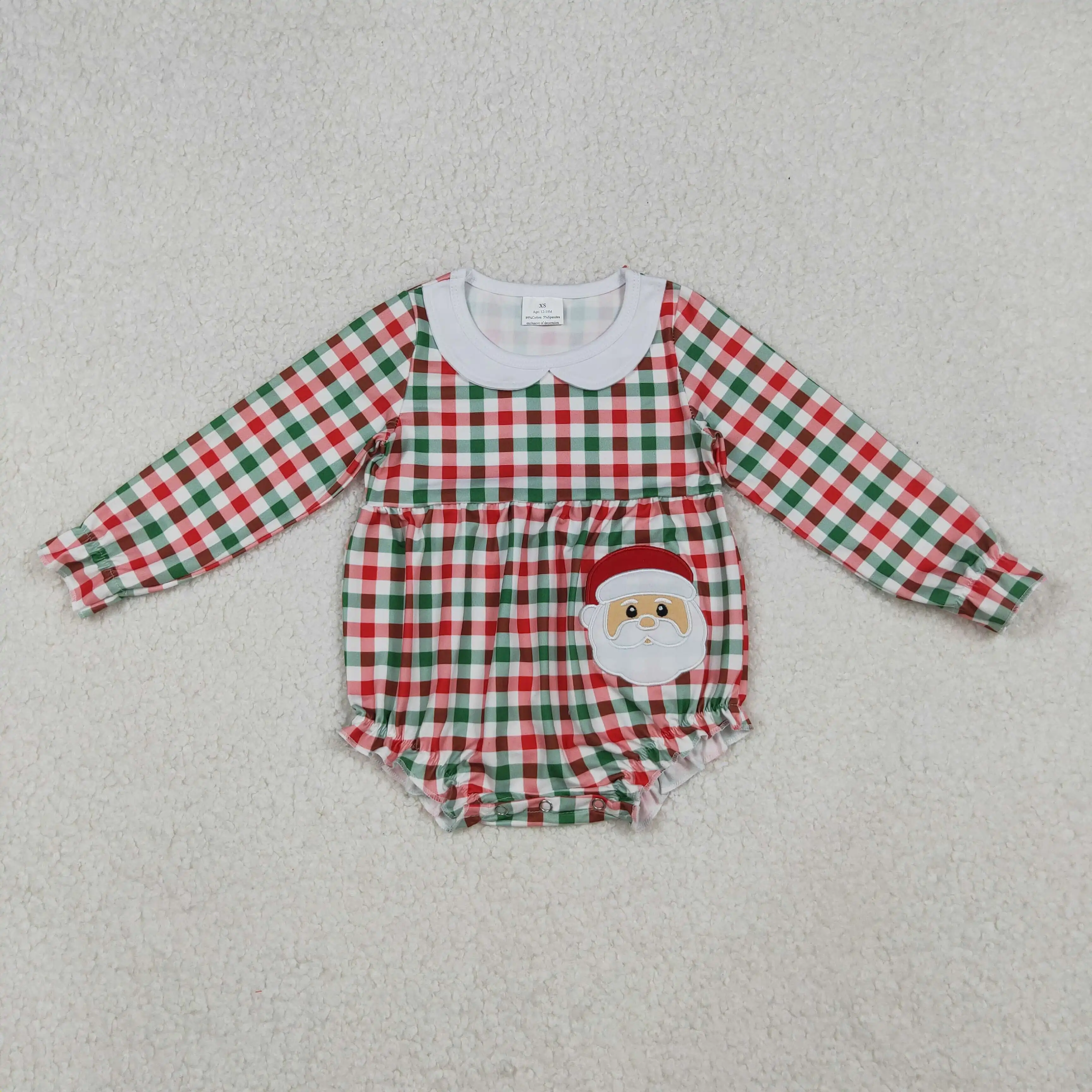 

Baby Girl Embroidery Santa Christmas Romper Red Green Plaid Ruffle Collar Checked Pattern 12-24M Sizes for Baby Girls