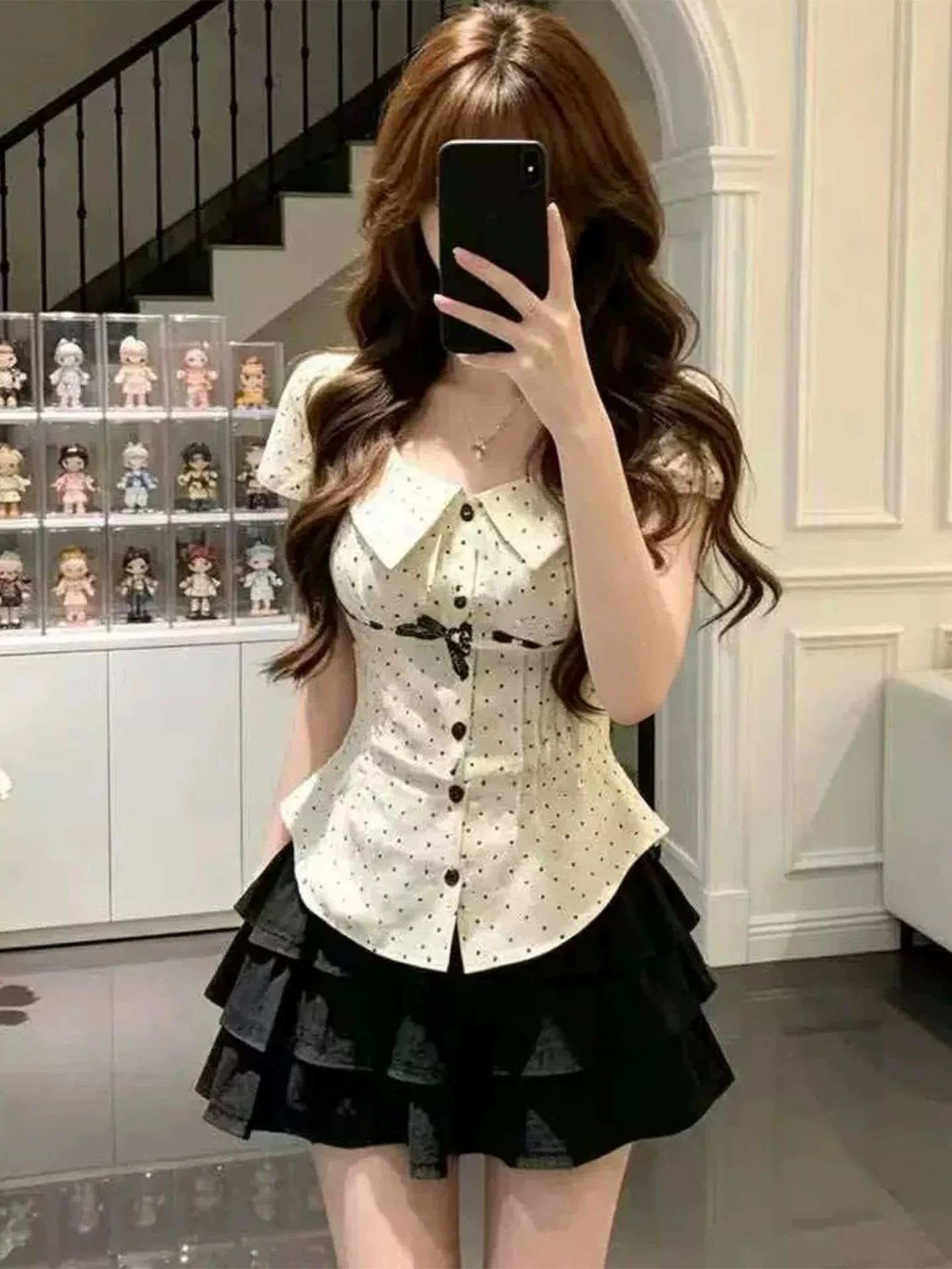 Sweet School Uniform Doll Collar Button up Short Sleeve Shirt Women's Summer Cake Skirt Two Piece Set Casual Style Breathable...