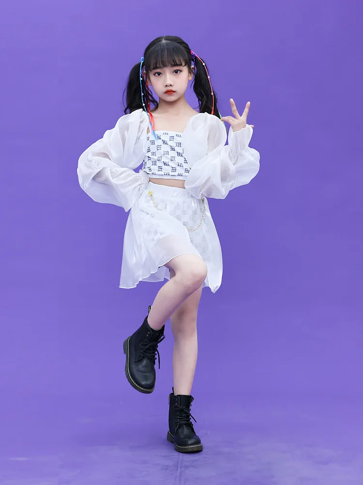 

Girl Group Hip Hop Clothes Kids Crop Top Chiffon Pants Street Dance Lace Skirts Child Streetwear Elegant Costume