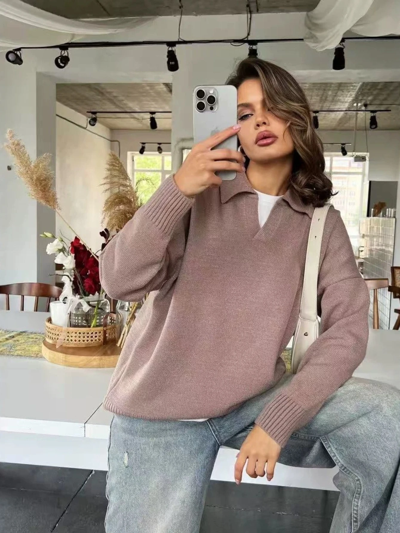 Casual Basic Polo Collar Knit Sweater Women V Neck Long Sleeve Pullover Loose Fit 2026 Autumn Winter Collared Sweater Top 4