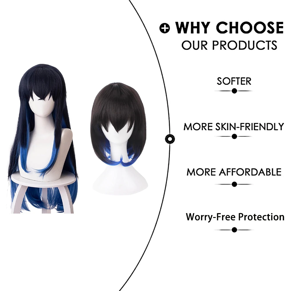 أنيمي شيطان سلاي هاشيبيرا إينوسوكي شعر مستعار صناعي متدرج باللونين الأسود والأزرق، شعر مستقيم لحفلات الهالوين اليومية #6