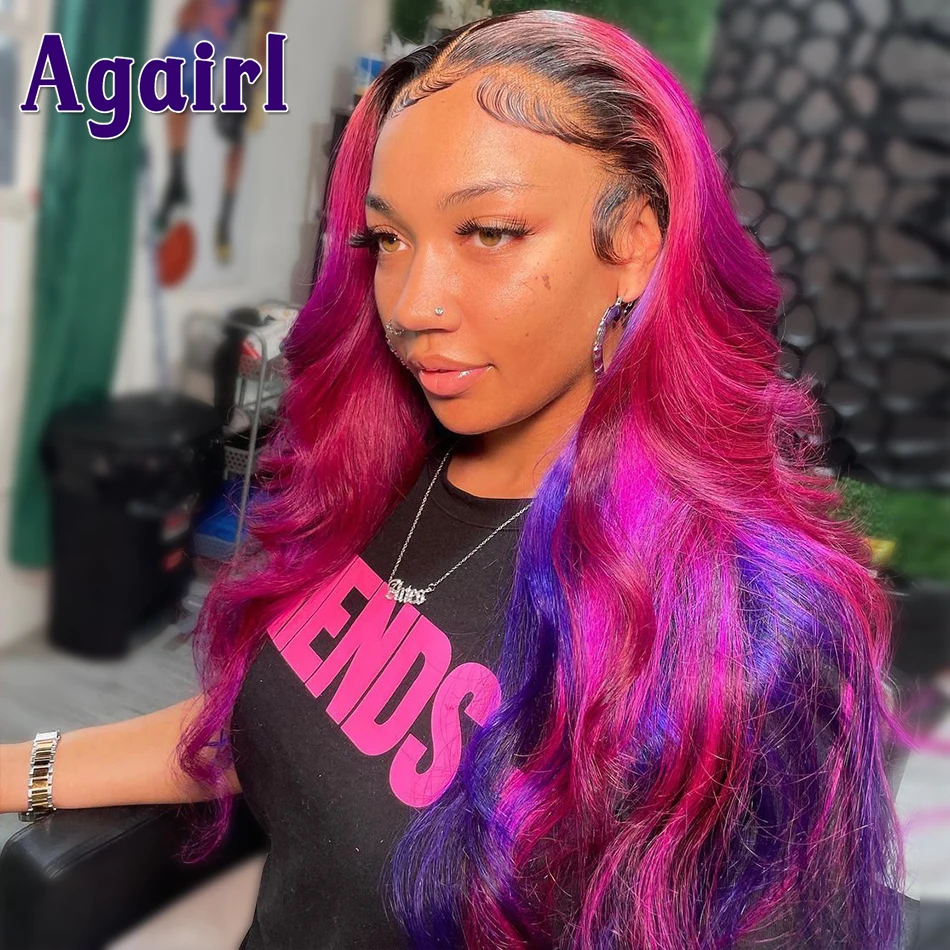 13x4 13X6 Full Lace Frontal Wig Rose Pink with Blue Highlight Body Wave Lace Front Human Hair Wigs for Women 5X5 Closure Wigs