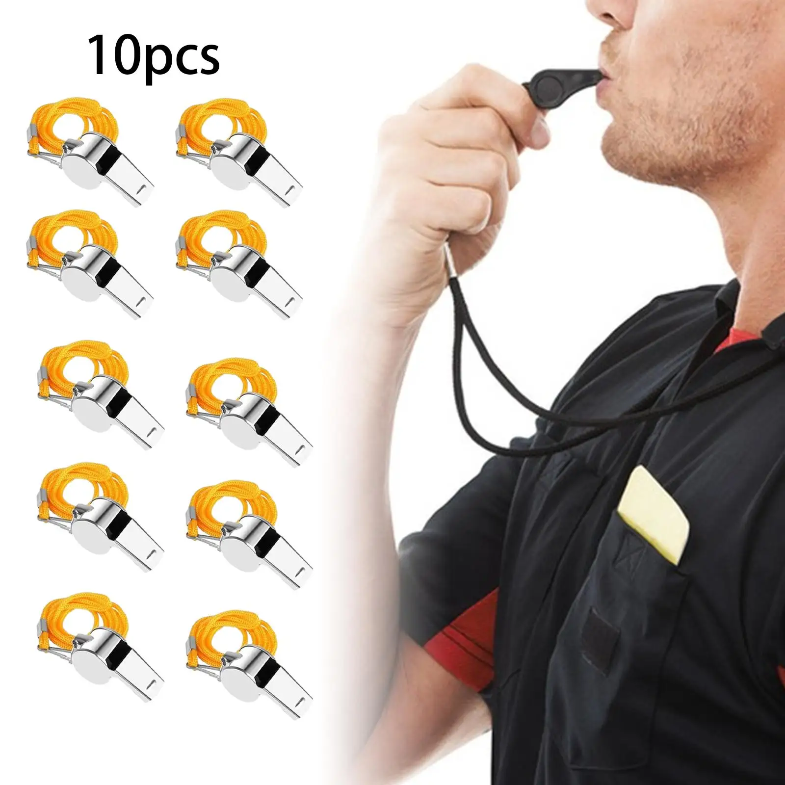 Silbato de acero inoxidable para entrenadores de árbitro, sonido nítido con cordón para deportes, fútbol, fútbol, baloncesto, 10 unidades