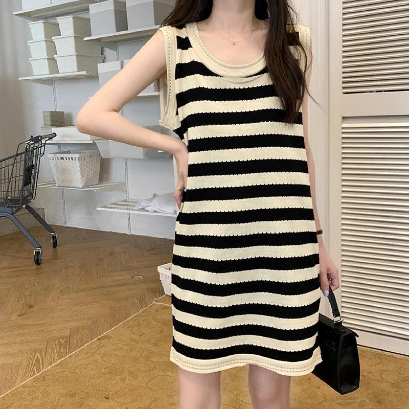 Y2K Korean Style Striped Knitted Tanks Tops Women Sexy Sleeveless Hollow Out Knitwear O-neck Streetwear Loose Ladies Mini Dress