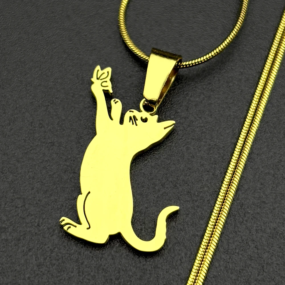 Halskette mit niedlichem Kätzchen, das Schmetterling fängt, für Damen und Herren, Edelstahl, goldfarben, Katze, Naturmotiv, Schmuckgeschenk – Detail 6