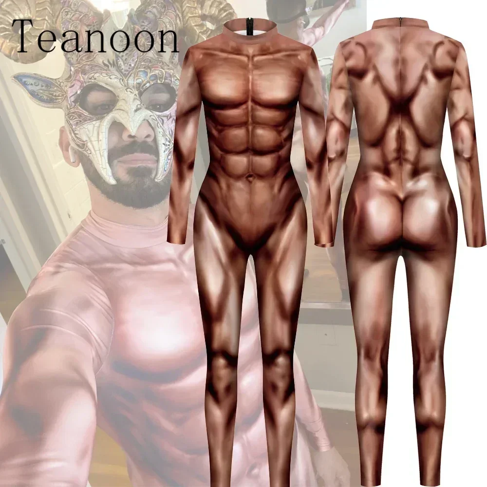 Disfraz de Cosplay con estampado muscular para hombre, traje Zentai divertido para Halloween, Purim, Carnaval, ropa de fiesta, Catsuit de Fitness Sexy para adultos