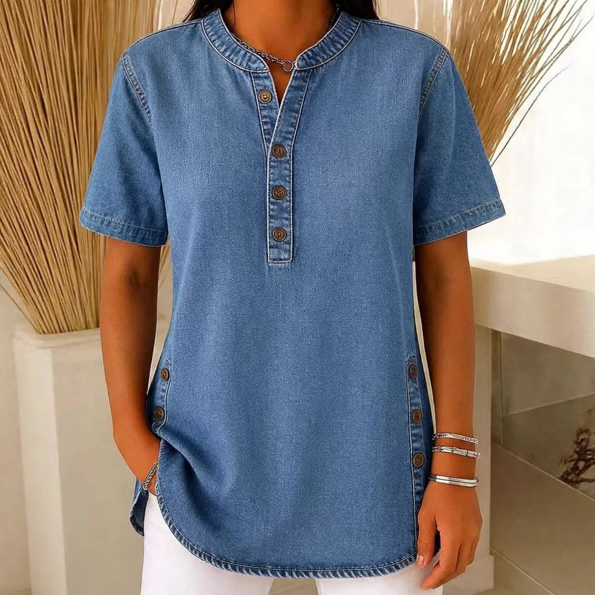

Summer dark blue imitation denim Blouse Short Sleeve Half-Button Shirts Tops Elegant Solid Color Office Casual Loose Shirts