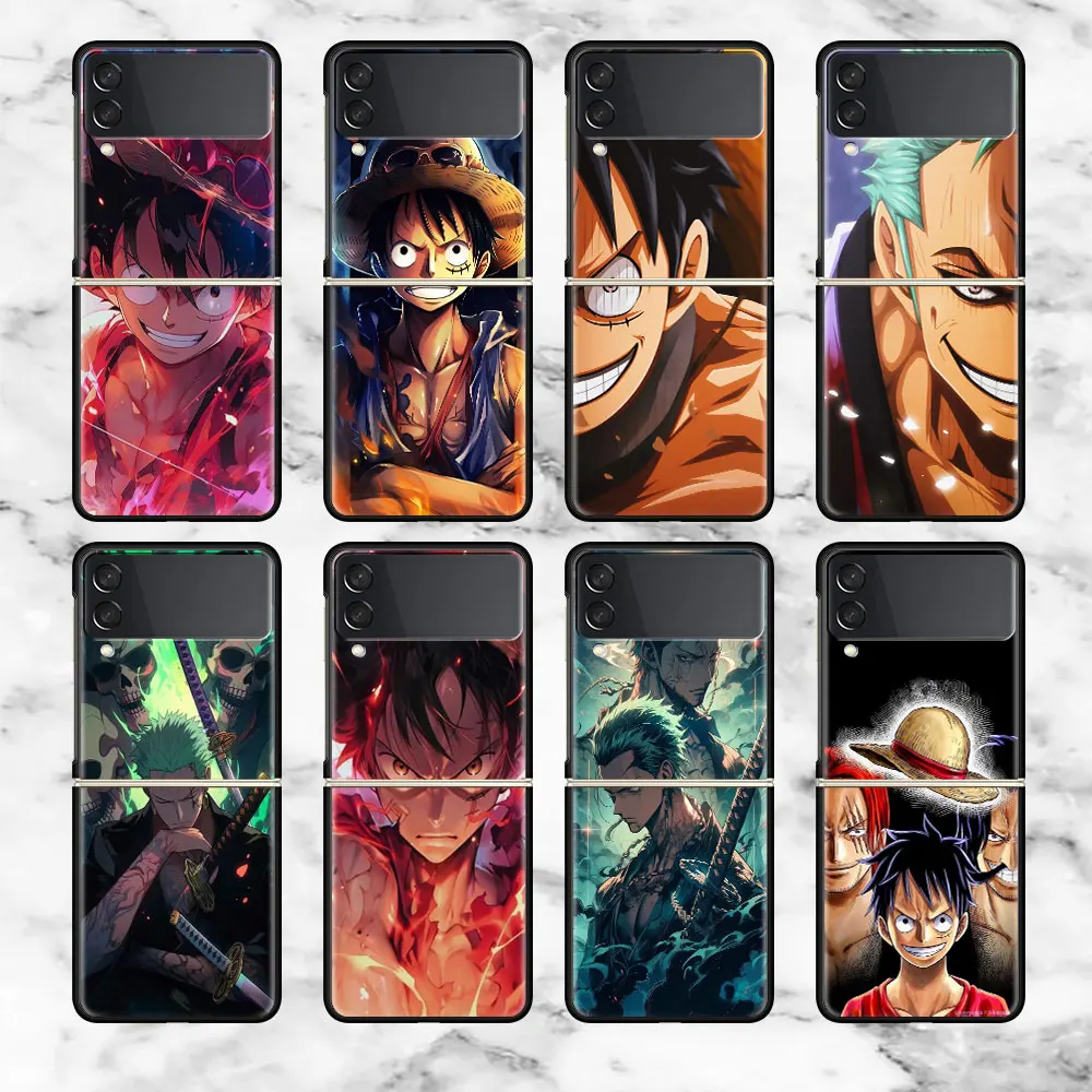 Case For Samsung Galaxy Z Flip 3 4 5G Black Hard PC Anti-knock Back Luxury Phone Cover Flip3 Flip4 Shell Luffy One-Pieces Anime