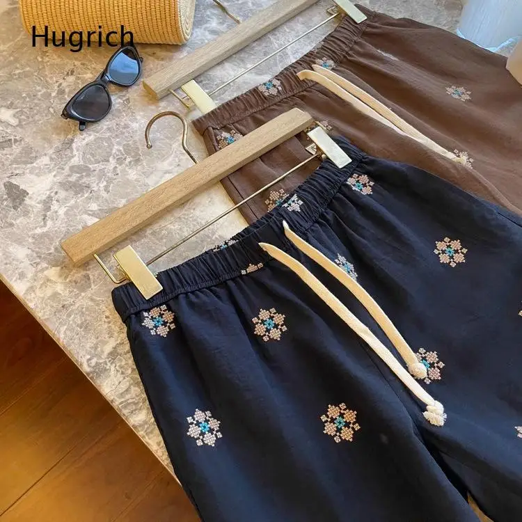 Geometric Floral Print Wide Leg Pants Elastic Waist White Drawstring Lightweight Loose Casual Home Loungewear Trousers