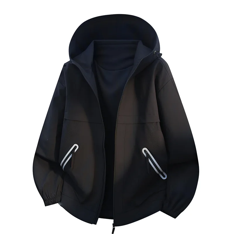 

Мужская куртка весна-осень 2026: простая однотонная ветрозащитная верхняя одежда с длинным рукавом, капюшоном, для активного отдыха и повседневного использования