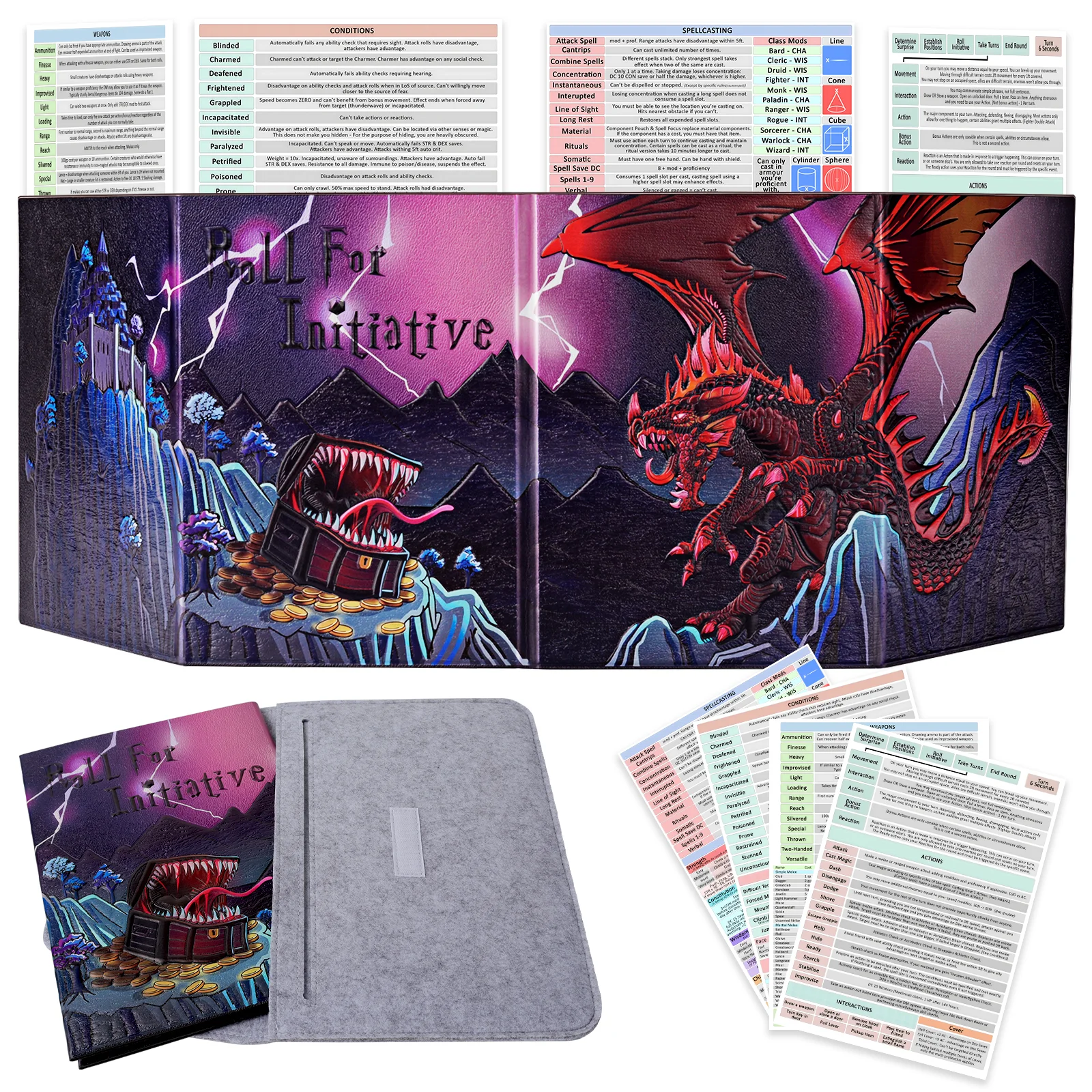 DND DM Screen Deluxe Edition: Colorfully Embossed Dragon & Mimic, Four-Panel with Pockets Dungeon Master Screen for DND