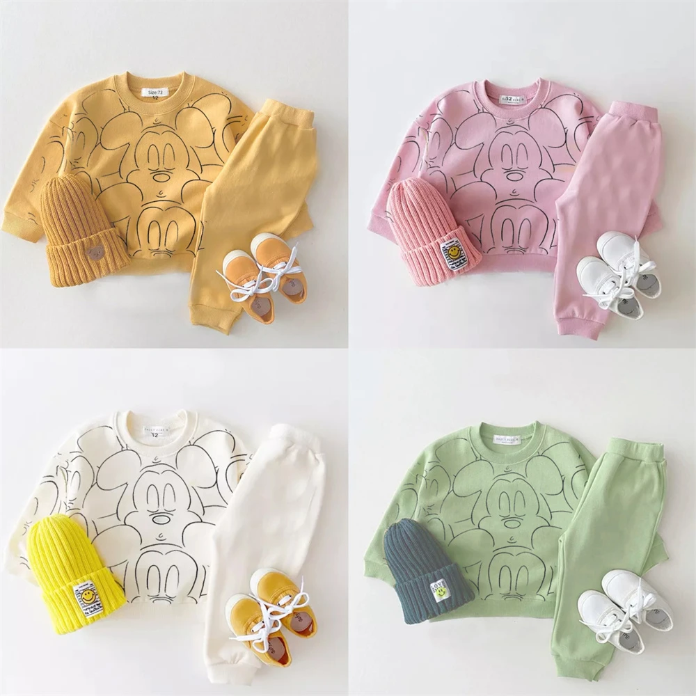 2 قطع ملابس الطفل الكرتون المطبوعة بلوزات فضفاضة عارضة السراويل طويلة الأكمام وتتسابق تصميم جديد جولة الرقبة قمم مجموعات بسيطة