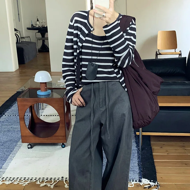 Striped Contrasting Color Knitted Cardigan Two-piece Set Women's 2024 Autumn New Basic Thin Crew Neck Top 23461
