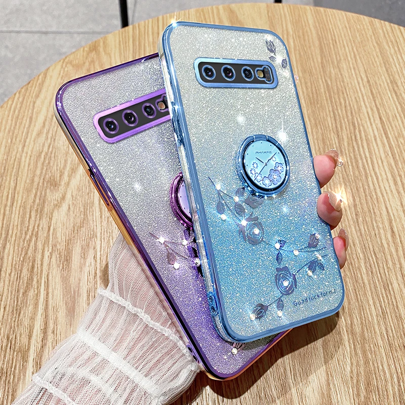 Gradient Glitter Powder Ring Holder Phone Case For Samsung Galaxy S10 Plus Shockproof Soft Back Cover