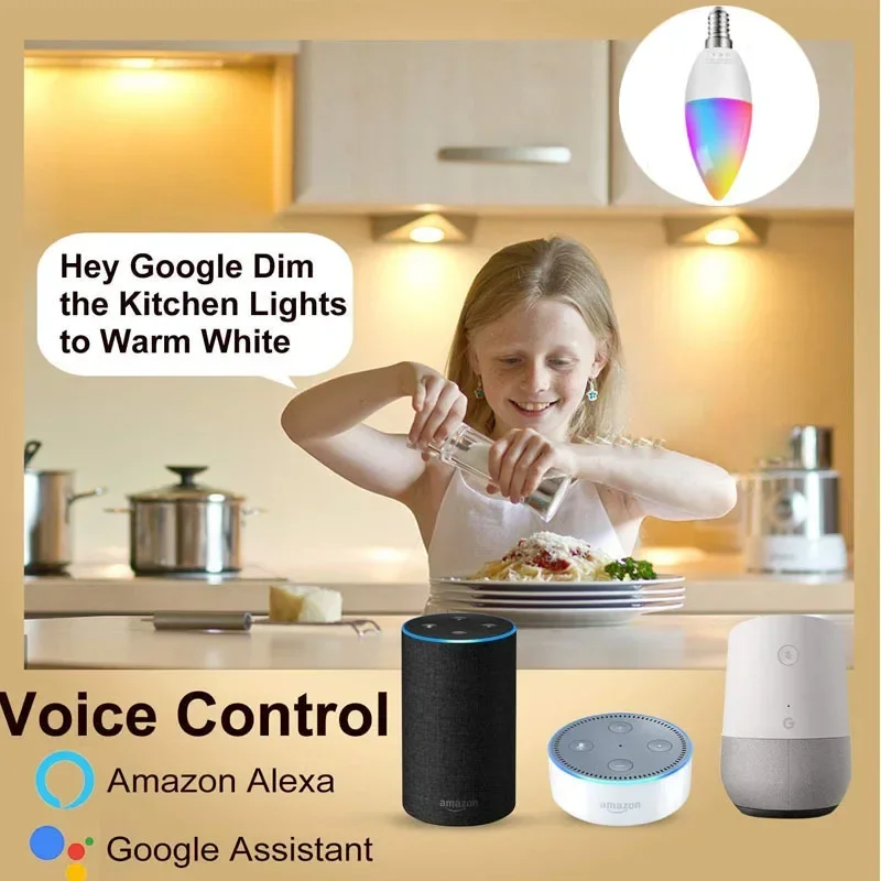 Imagem -03 - Lâmpada Led Inteligente Lâmpadas de Vela Reguláveis Vida Inteligente Controle de Voz Funciona com Alexa Google Home Rgb 5w 7w 9w Tuya-e14