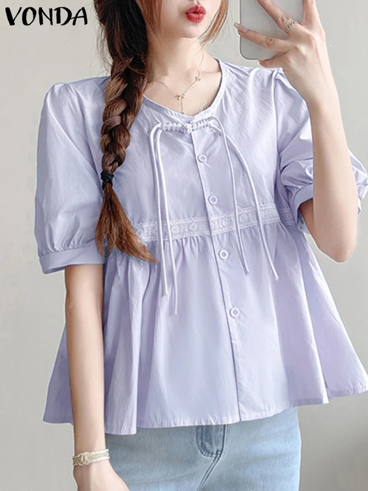 

Elegant Women Shirts VONDA 2024 Summer Blouse Short Puff Sleeve Tunic Tops O-Neck Lace Casual Loose Solid Color Oversized Blusas