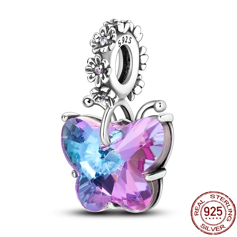 Charms 925 Sterling Silver Fluorescent Butterfly Colored Pendants Heart Shaped Beads Fits Pandora 925 Original Bracelet  Gifts