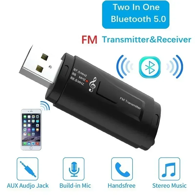 

2 In 1 FM Transmitter Car Bluetooth-compatible 5.0 Receiver USB FM Modulator 3.5mm AUX Audio Music Player Handsfree Call Adapter