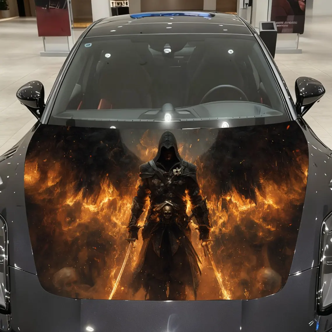 

Fiery-Winged Dual-Sword Assassin Car Vinyl Wrap, PVC Material Waterproof Car Hood Sticker, Self-Adhesive Scratch-Resistant Stick