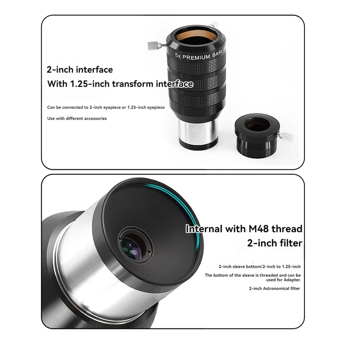 New Barlow Eyepiece Eliminate Color Differences Astronomical Telescope Accessories 2 Inch 5x