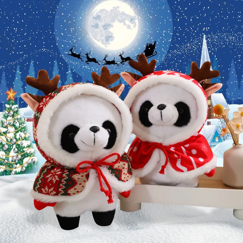 

Kawaii Christmas Panda Wear Scarf Antler Cloak Plush Toy Cute Soft Stuffed Animals Doll for Kids Girls Boy Gifts Chirstmas Decor