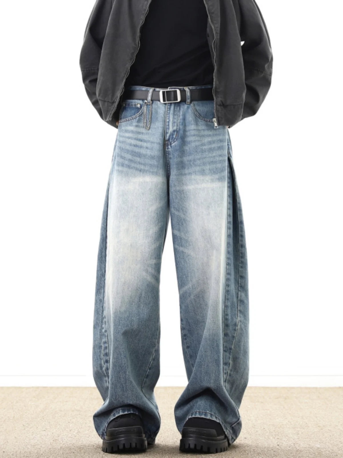 

Мужские джинсы в американском ретро-стиле с плиссировкой, свободные, широкие штанины, повседневные, для осени и зимы, рабочая одежда, смесь хлопка и полиэстера