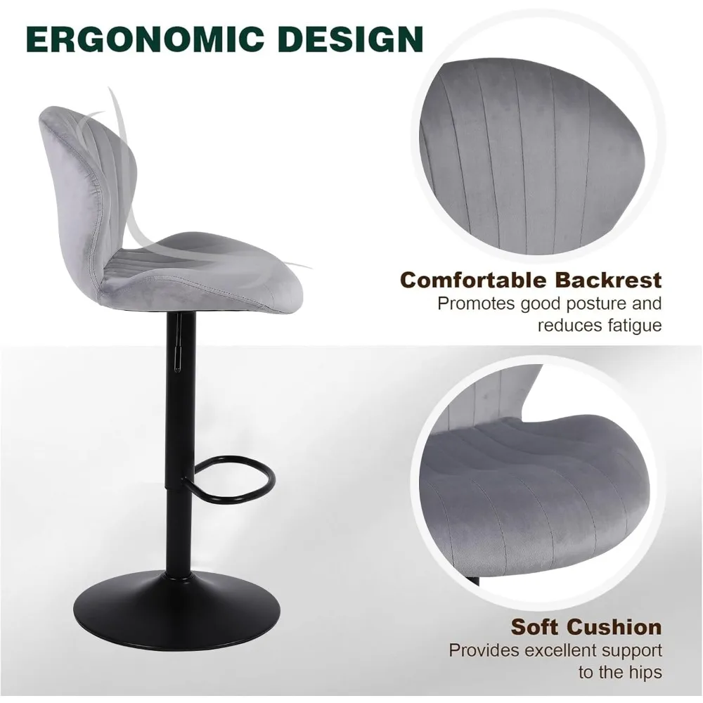 Modern Bar Stools Set of 3, Velvet Height Adjustable Swivel Barstools, Armless Kitchen Island Counter Chairs
